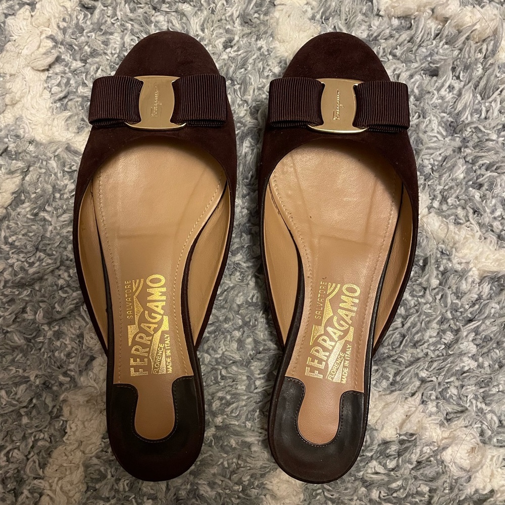 Salvatore Ferragamo Emile Vara Bow Suede Mules in Bordeaux